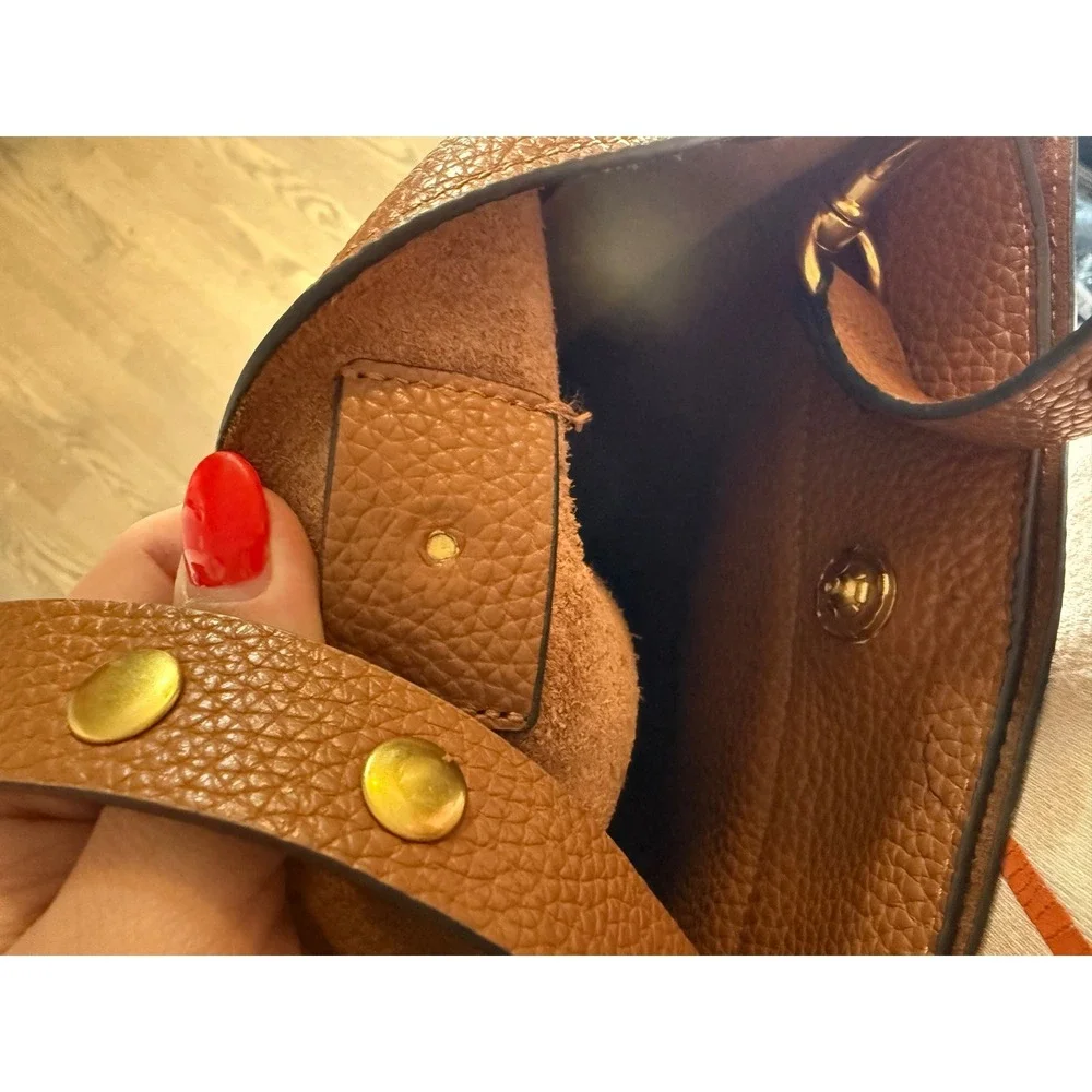 Rebecca Minkoff Brown Pebbled Leather Studded Crossbody Bucket Bag Gold Hardware